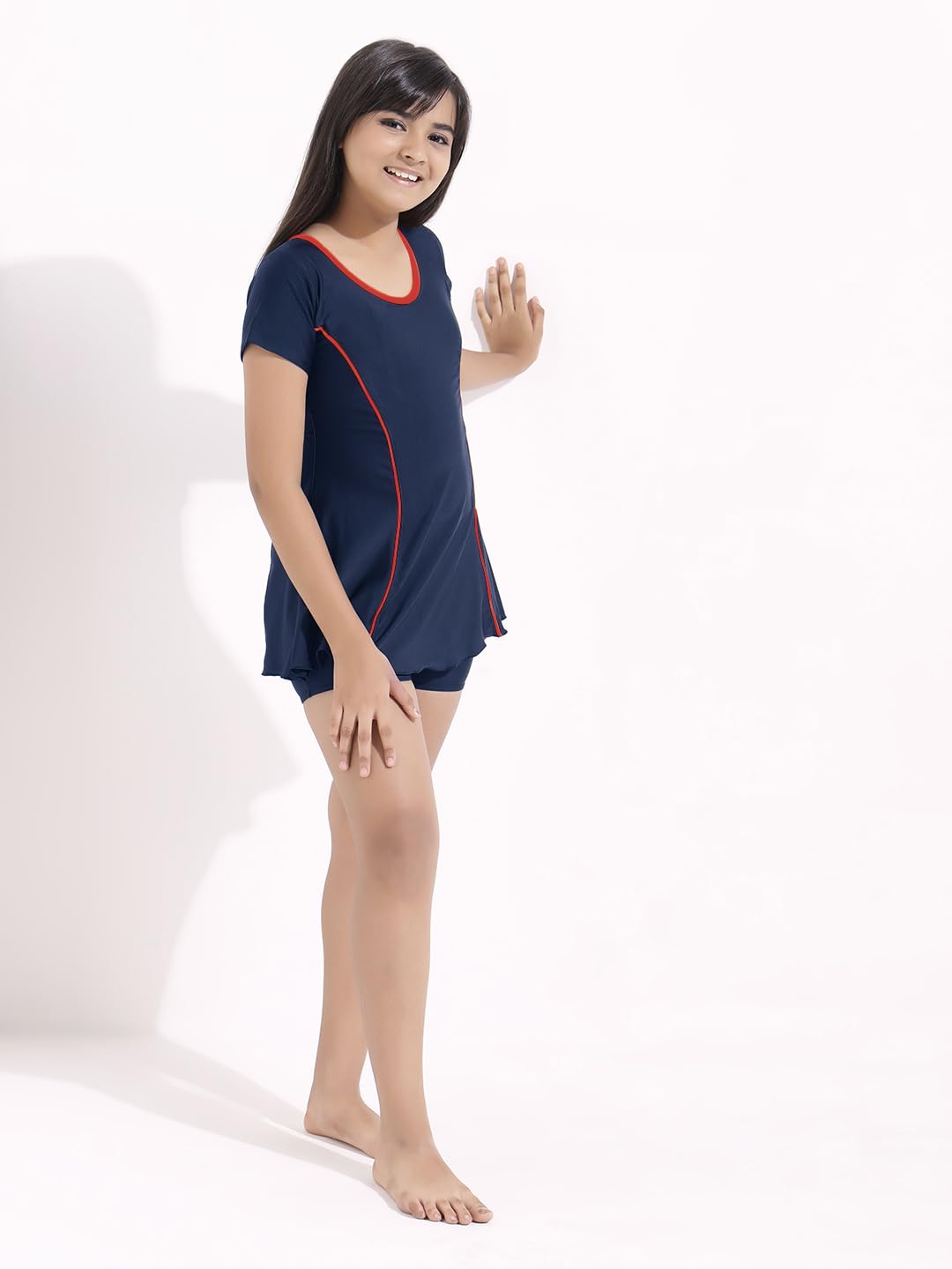 LYCOT Nylon A-Line Half Sleeves and Hot Short Pattern Swimwear for Girl's - Navy 3