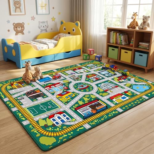 Plyra Kids Car Road Rug (3x5 Ft) Non-Slip City Traffic Play Mat for Toy Cars Train Track Carpet for Kids Room Educational Town Map with Police Station Hospital & Cinema