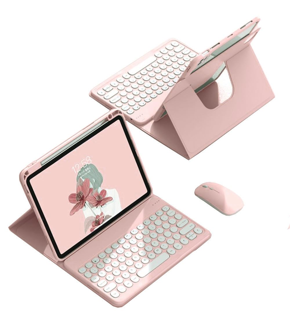 GOOVEN Keyboard case for iPad 9th 8th 7th Gen 10.2 inch?with Mouse 360° Rotating Kickstand Magnetic Detachable Bluetooth Keyboard Folio case Clear Back Cover Built-in Pen Holder (Pink?Round Key ?)
