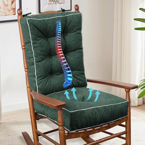Image of YZ HOME Rocking Chair Cushion, Set of Thicken Seat & Back Chair Cushions with Memory Foam, Non-Slip Chair Pad with Ties for for Indoor&Outdoor Rocker, Dark Green, 22x17x5/17x17x5