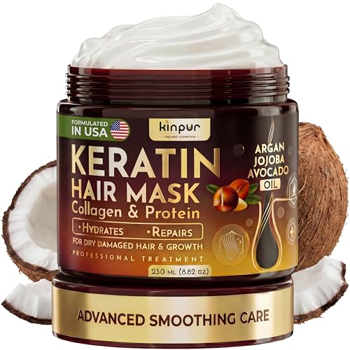 KINPUR ORGANIC COSMETICS Keratin Hair Mask for Dry & Damaged Hair – Deep Conditioning Hair Treatment with Coconut, Jojoba & Avocado Oils, Collagen & Protein – Hydrating Hair Mask, Color-Safe