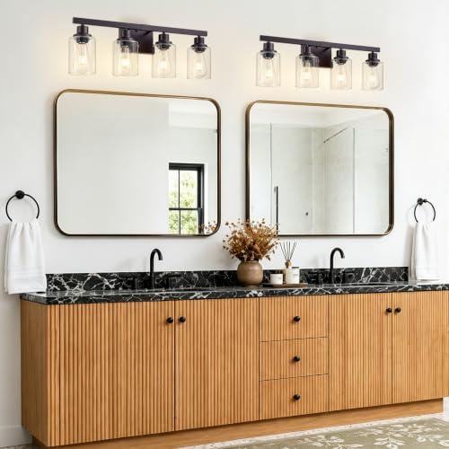 Image of Oil Rubbed Bronze Vanity Lights for Bathroom,4-Light 24 inch | Bathroom Light Fixtures,Modern Bronze Bathroom Lighting over Mirror,Clear Glass Shades,over Sink