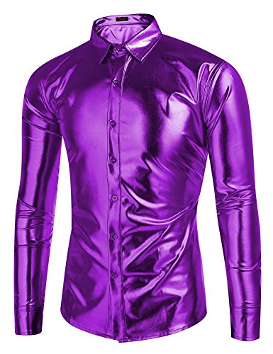 Coofandy Men's Metallic Shiny Nightclub Slim Fit Long Sleeve Button Down Party Shirts, Purple, Large #TOP9