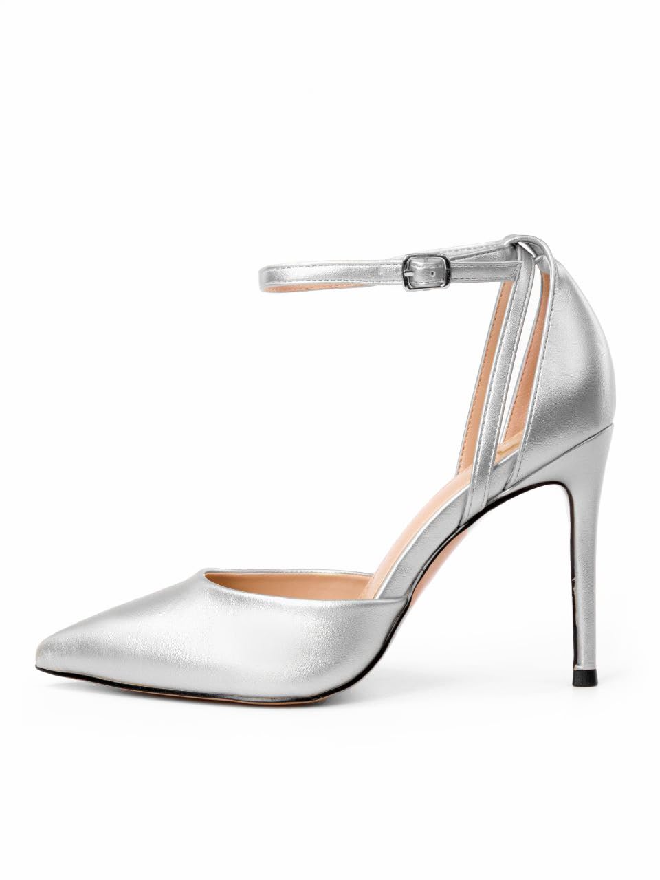 Scarpe con Tacco, Decollete con Tacco a Spillo, Argento/Bianco/Beige/Nero, 8.5 cm, Ecopelle Verniciata, High Heels, Décolleté a Punta, Cinturino alla Caviglia, 8194