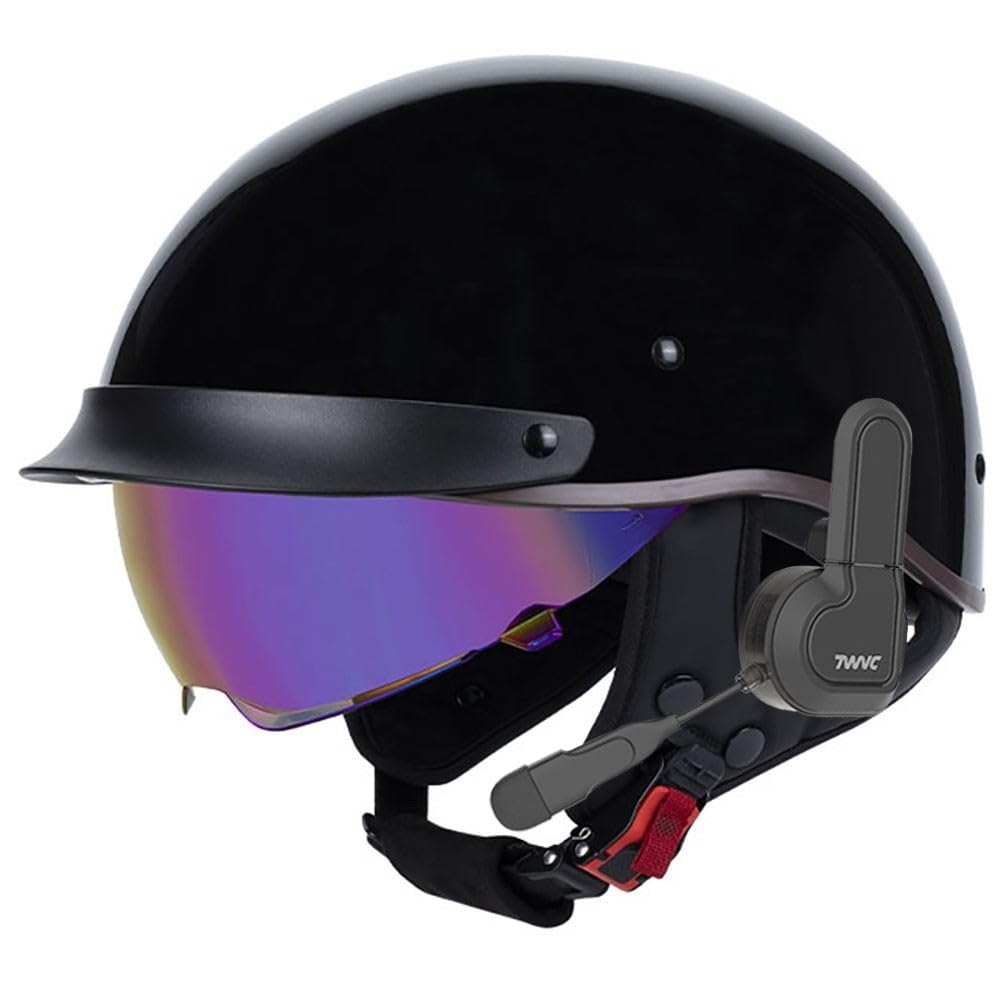 German Style Bluetooth Motorcycle Half Helmet Scooter Open Face Helmet DOT Approved Built-in Speaker Headset Microphone with Retractable Visor, with Adjustable Quick Release Buckle