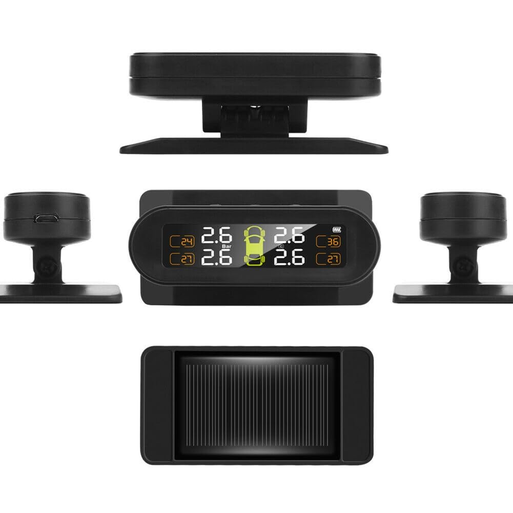 2 x solarny bezprzewodowy system kontroli ciśnienia w oponach samochodowych TPMS, wyświetlacz HD LCD, 4 zewnętrzne czujniki, ciśnienie w oponach, ostrzeżenie o temperaturze