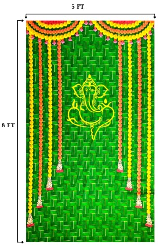 Image of Sri Yagnaa - Backdrop Cloth for Pooja Decoration Traditional - M 17 - Background Curtain Cloth for Festival Decoration (5x8 Ft) (Ganesh on Coconut Leaf Design Backdrop)