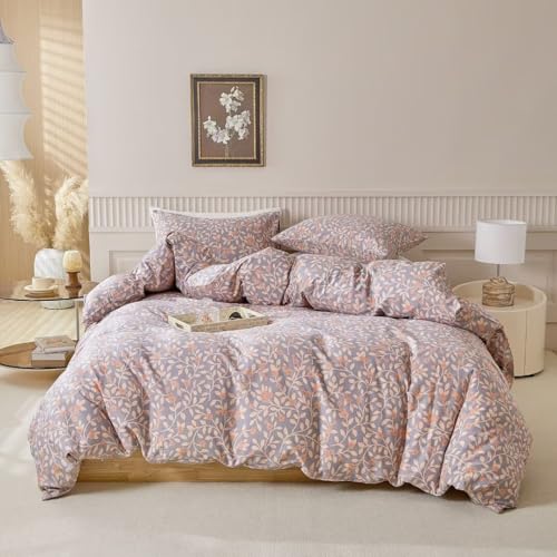 MKXI Purplish Grey Duvet Cover with Pink Flowers Pattern King Size Floral Duvet Cover Set for Girls Garden Chic Style Bed Cover with 1 Duvet Cover 104x90+ 2 Pillowcases