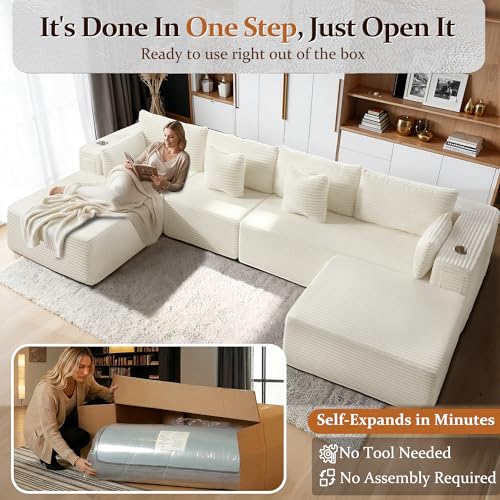 Image of 138 inch Cloud Sectional Couch, Comfort U Shaped Boneless Couch for Living Room, Extra Deep Seats No Assembly, Minimalist Modular Sofa, Corduroy (Cream, 3 Seater+Left Facing Chaise+Ottoman)