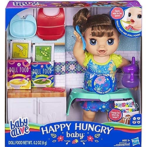 Baby Alive Happy Hungry Baby Doll (Pelo castaño lacio), Hace más de 50 Sonidos y Frases, Come y Bebe y Llena su pañal, para niños de 3 años en adelante