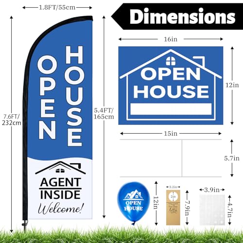 44 Pcs Open House Signs for Real Estate Agent Supplies, Double Sided Open House Flag Kit for Outside, 7.6 x 5.4 Ft Blue Banner Flag Poles Set with Directional Arrows Yard Sign Stakes Balloons - Image 3