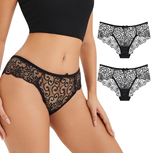 MELLIEX 2 Piezas Negro Bragas Encaje Mujer, Ropa Interior Sexys Ultrafinos, Bragas de Entrepierna 100% Algodón, Calzoncillos de Talle Bajo, M