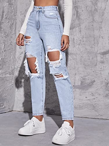 Floerns Women's Ripped High Waist Boyfriend Jeans Distressed Stretchy Denim Pants4