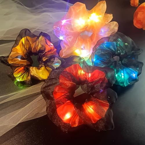 4Pcs Light Up Scrunchies for Women Girls, Double-Layer Fabric LED Scrunchie Hair Ties, Glow in The Dark Hair Accessories, Neon Party Supplies, Rave Oufit Festival Essentials