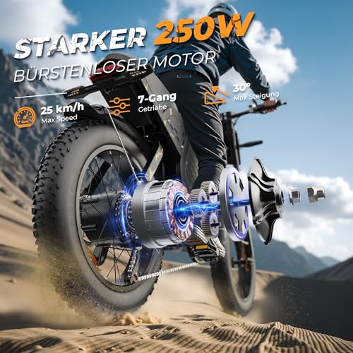 VARUN E Bike, 20 * 4.0 Zoll E-Bike Herren mit 48V 31.5Ah / 20.8Ah Akku, bis zu 160-180 KM, 250W 85Nm Motor, Fatbike Ebike mit Vollfederung, Blinker, 7 Gang All-Terrain E-Mountainbike mit EU-Konformes – Bild 4