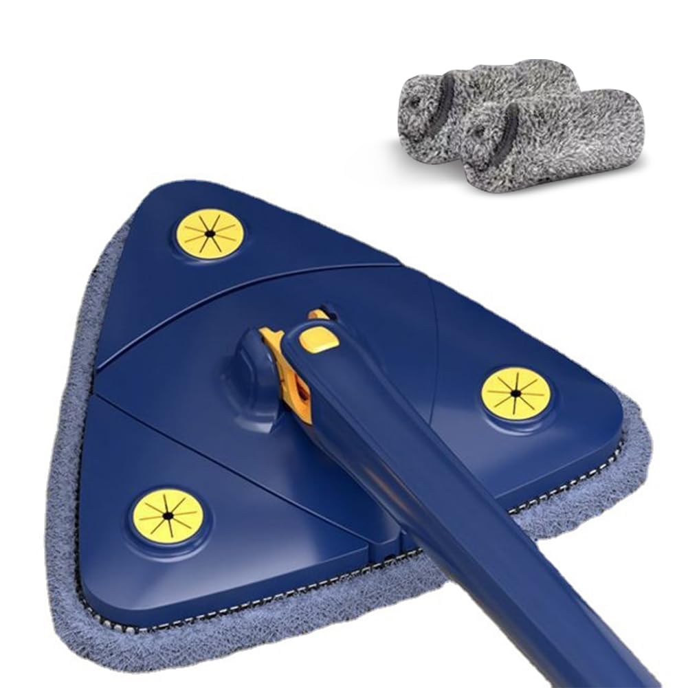 360° Rotatable Adjustable Cleaning Mop, Triangle Squeeze Mop with 2 Replacement Pads Long Handle Hand for Floor Ceiling Corner Glass Cleaning