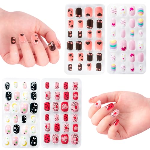 krofaue Press on Nails for Kids - 96pcs 4 Pack Children Fake Nails Kids Girls Stick on Nails for Kids Full Cover Cute Pre-Glue Acrylic Fake Fingernails Kits Sets Little Girls Short Nail Decoration