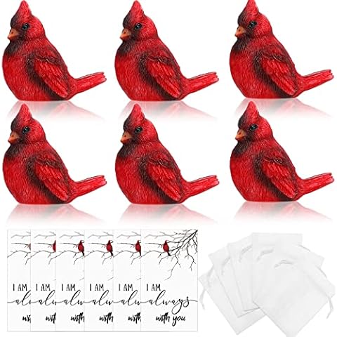 6 Pcs Christmas Memorial Cardinal Gift Set Include 6 Pcs Red Cardinal Bird Statue Figures 6 Pcs Red Feathered Cards 6 Pcs Organza Bags for Christmas Home Garden Decor Sympathy Grief Memorial Gift Cover