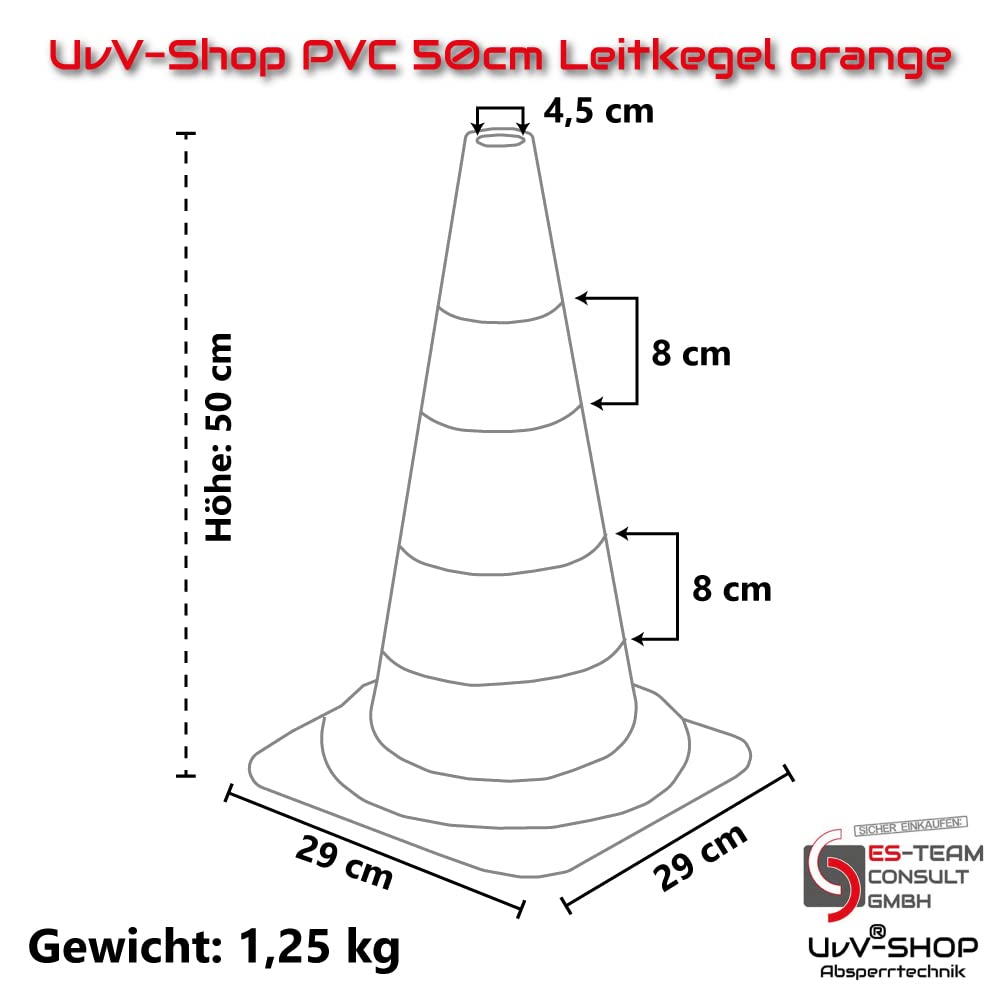 UvV 4 x 50 cm Leitkegel Warnleitkegel Pylon 1,2 kg schwer 500 mm Verkehrshütchen Kegel Orange mit 2 weissen Streifen (Folie) stapelbar Hergestellt in Delbrück (Orange-Weiss)