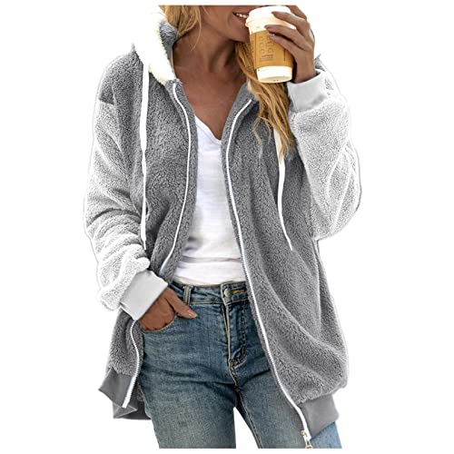 Fuzzy Fleece Jackets for Women Plus Size Hoodies Fall Winter Coats Color Block Patchwork Cardigan Coat with Pockets