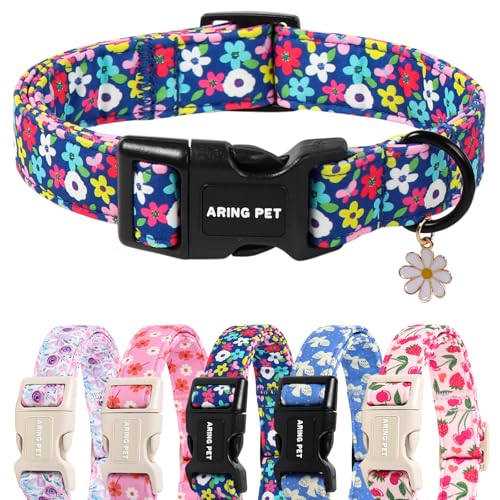 Image of ARING PET Girl Dog Collar, Cute Spring Summer Blue Daisy Floral Pet Collars for Puppy Small Medium Large Female Girly Dogs-XL, for Daily Outdoor Walking Training
