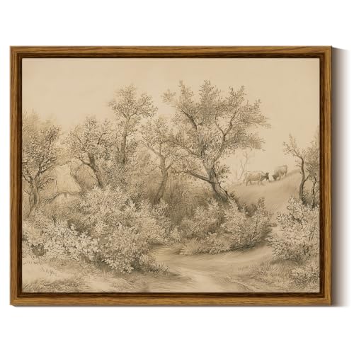 InSimSea Vintage Framed Sketch Forest Landscape Cattle Wall Art, 8x10 Inch