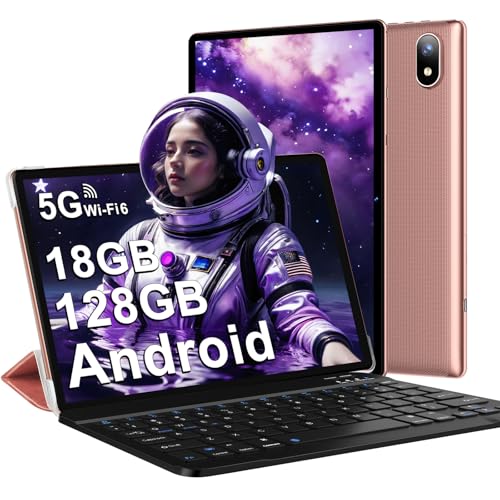 DMOAO Tablet 10 Pulgadas Android 14 con 5G Wi-Fi 6, FHD Tablet con 18 GB RAM + 128 GB ROM (Ampliable a 1TB), Widevine L1, 8 Cores, BT 5.0, 6000mAh, USB-C, Teclado + Ratón + Funda, Nero, Oro Rosa