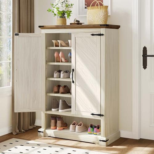 YITAHOME Wooden Shoe Cabinet with Doors, 6-Tier Shoe Storage Cabinet with Adjustable Shelves, Farmhouse Shoe Cabinet for Entryway Shoes Rack Organizer Cabinet, Off White Off White 6-Tier wit