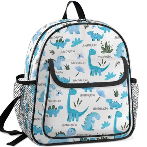 Personalized-Toddler-Backpack - Custom Kids Backpack for Boys & Girls 3-6 Years, Lightweight Polyester with Safety Whistle Strap, Small Daycare Bookbag | Dinosaur Text Cyan2