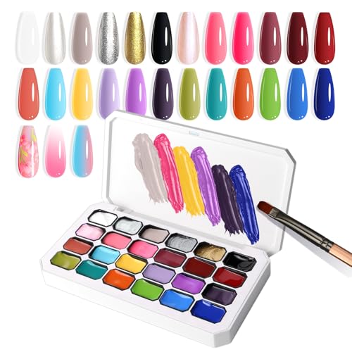 U-Shinein 24 Colors Pat Painting Nail Gel HemaTPO Free 6-in-1 Gradient Ombre Paint Nails Gel Palette for Blooming Nail Color Gel Liner Gel French Nail with Chrome Powder No Wipe DIY Nail Art(A)