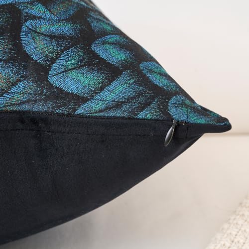Premium Series Feather Jacquard Throw Pillow Cover, Luxurious Velvet Cushion Case for Bohemian & Elegant Décor, Covers Only, Peacock Blue, 20x20 Inch - Image 3