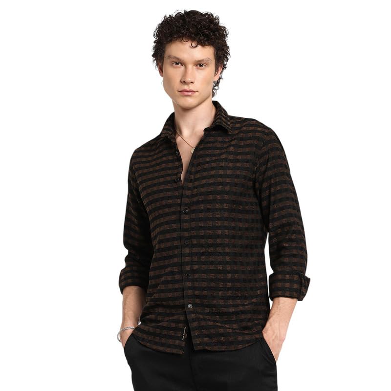 Image of CAHOOT Men's Polycotton Abstract-Textu Shirt |Casual-Wear | Spread Collar | Long Sleeve | Button Closure | Shirt Crafted with Comfort Fit for Everyday Wear