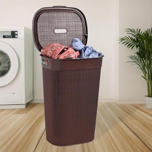 Image of 70 Ltr Plastic Big Laundry Basket for Clothes with Lid & Carry Handles | Lightweight & Ventilated Design Cloth Basket - Ideal for Home Organization and Storage | Brown