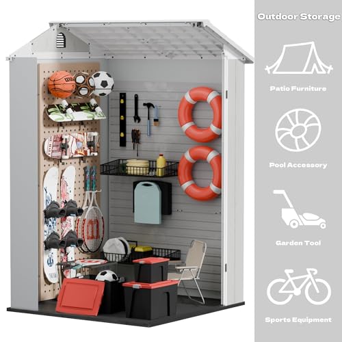 Image of Devoko 4x4 FT Resin Storage Shed with Floor, Plastic Outdoor Garden Shed with Windows and Lockable Doors, Waterproof Outside Tool Sheds for Patio Backyard Lawn, Light Gray