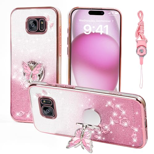 RTYQXK for Samsung Galaxy S7 Edge (Not Fit S7) Phone Case,for Mobile Phone Case for Women and Girl, Glitter Butterfly Floral TPU Protective Cover with Kickstand+Strap for Samsung S7 Edge (Pink)