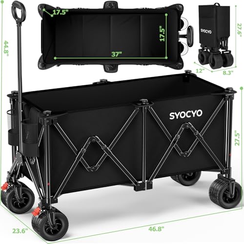 Image of Beach Wagon Carts Foldable 580LBS Collapsible Wagon with Big All-Terrain Wheels for Sand 340L Heavy Duty Utility Carts with Cup Holders for Garden, Camping, Grocery, Black