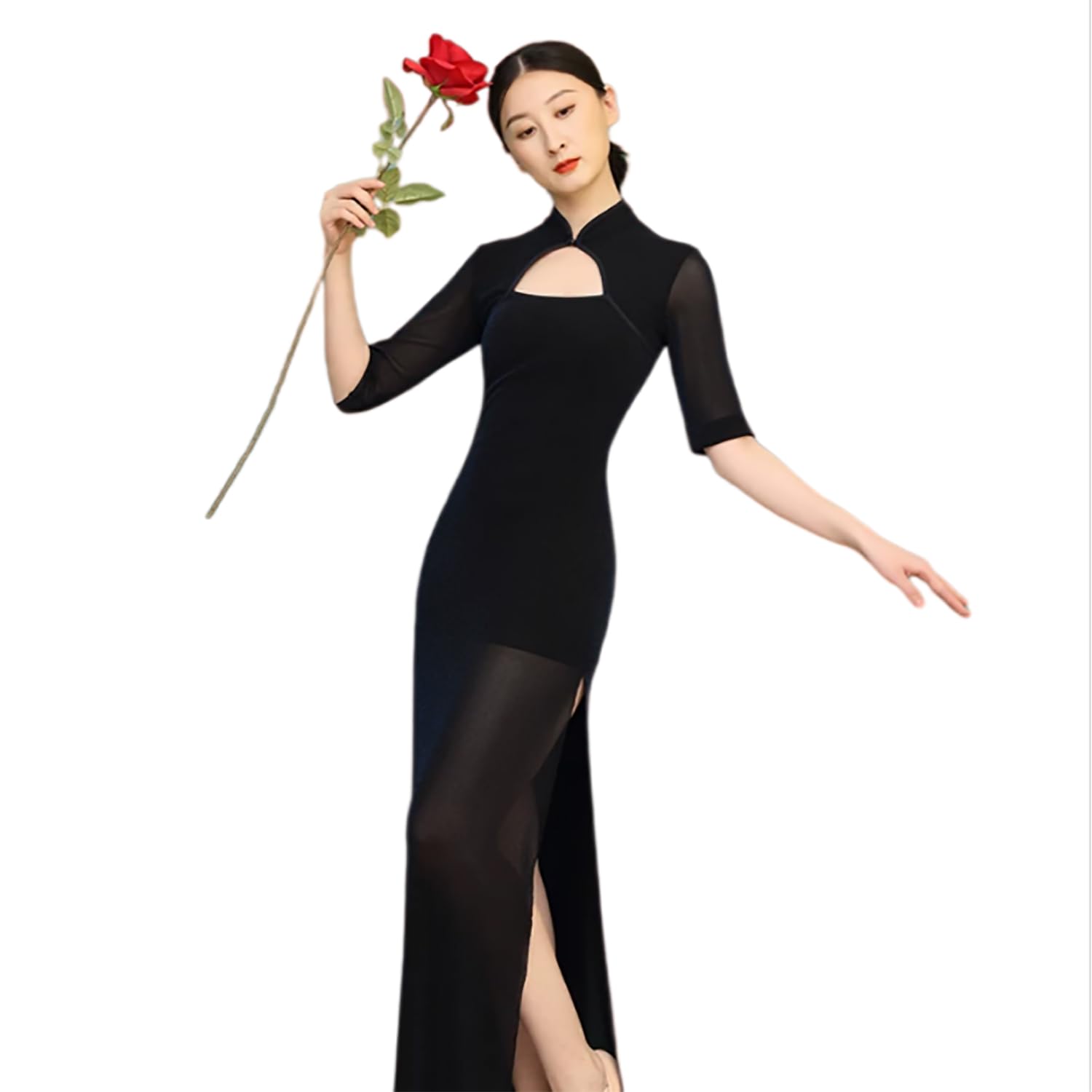 Tanzkleid Mit Lochmuster Qipao Orientalisches Tanzkostüm Mit Stehkragen Für Tänzerinnen Klassisches Cheongsam Mit Hohem Schlitz Elegant Und Anmutig