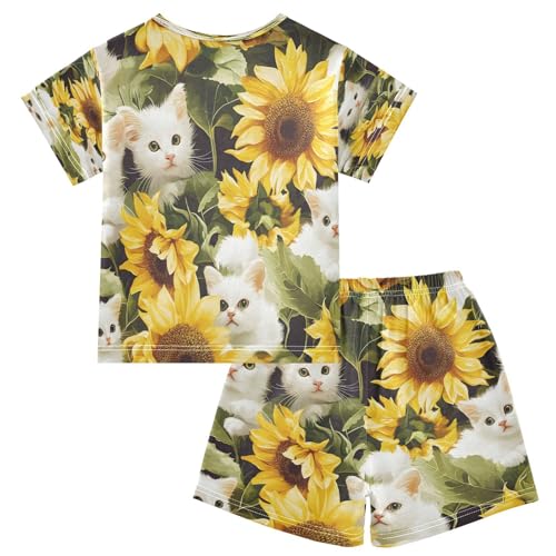 senya Short Sleeve Pajamas Sets Summer Cotton Sleepwear White Cat Sunflowers2