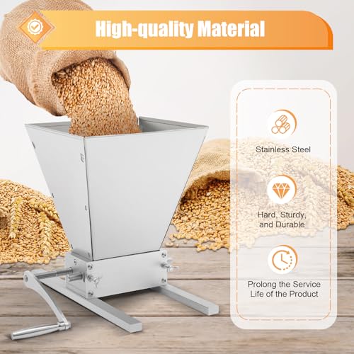 2 Roller Malt Mill, Grain Mill Brewing for Grain Malt Barley, Grain Crusher Grinder, Stainless Steel Roller Mill with 4 L Hopper & Metal Base, Hand Mill Grinding Machine for Electric Drill