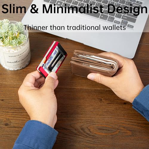 Image of Minimalist Wallet for Men, Slim Metal RFID Blocking Wallet Credit Card Holder Money Clip & Cash Strap, Scratch-Resistant Holds 15 Cards,Ideal Gift for Men | Matte Red