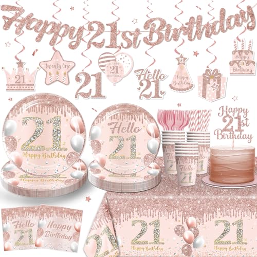 Yingoto 170pcs 21st Birthday Decorations, Affordable Disposable 300gsm Paper Plates and Eco-friendly Paper Straws for Girl's 21, 21st Birthday Plates and Napkins for 25 People
