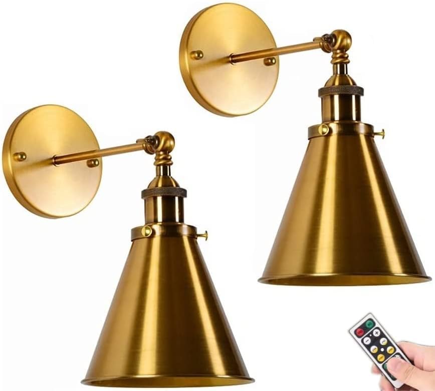 Vintage Gold Battery Sconces Wall Lighting 2 Pack for Bedroom,Indoor Wireless Led Lights Operated with Remote Timer Metal Brass Finish Lamp Light Fixtures Reading Living Room