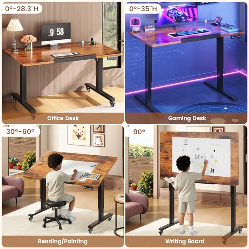 Image of SEDETA 47 x 24 Inches Electric Standing Desk, 180 Tiltable Mobile Rising Computer Desk Height Adjustable with Wheels for Drawing /Writing /Gaming /Study /Home Office /Small Space, Rustic Brown