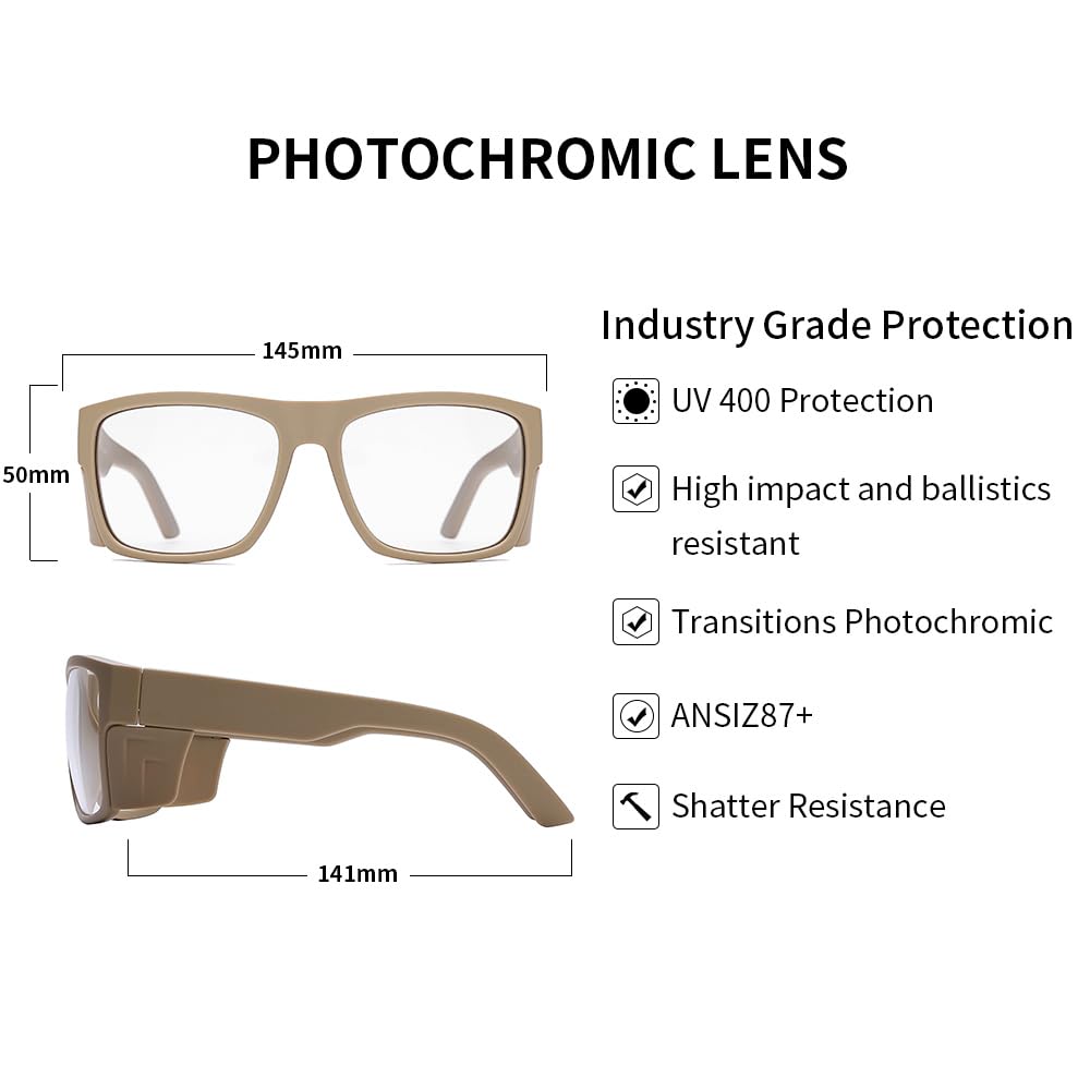 Gafas de sol de seguridad para hombre, color negro mate, lentes de sol de seguridad polarizadas, cumplen con las normas ANSI Z87+, protección UV, Tan fotocromático (sin polarizar)