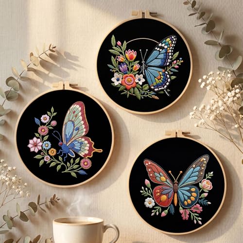 Image of Santune Embroidery Kit Needlepoint Cross Stitch Kits for Beginners Adult Needle Point Sets with Butterfly Embroidery Patterns, Includes Step-By-Step Instructions and Accessories