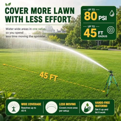 Image of Sprinklers for Yard, 2026 Heavy-Duty Lawn Sprinkler Impact Sprinkler on Spike Tripod Base with 360 Large Area Irrigation with Extension Legs to Adjust Height Irrigation System for Garden Lawn-Green