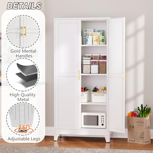 Image of Winiowa Metal Pantry Cabinet with 2 Doors and Adjustable Shelves - 61 inch Kitchen Storage Cabinet with Gold Handles - Versatile Storage for Kitchen, Bathroom, Dining Room, Utility Room - White