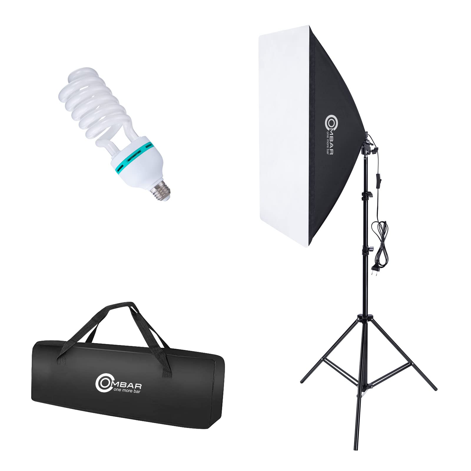 OMBAR Softbox Kit de iluminación con 1 Softbox 50x70cm y 1 Bombillas E27 5500K de 135W, Iluminación Kit para fotografía con Bolsa de Transporte para Retratos, Objetos, Moda y grabación de Video