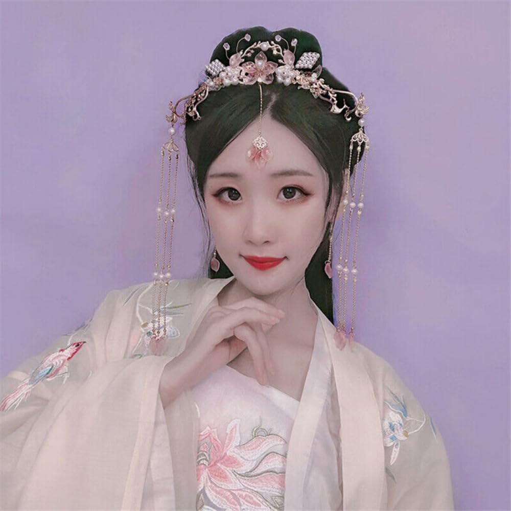 Horquilla larga china con borla larga con flor y perlas Hanfu. Accesorios para el cabello