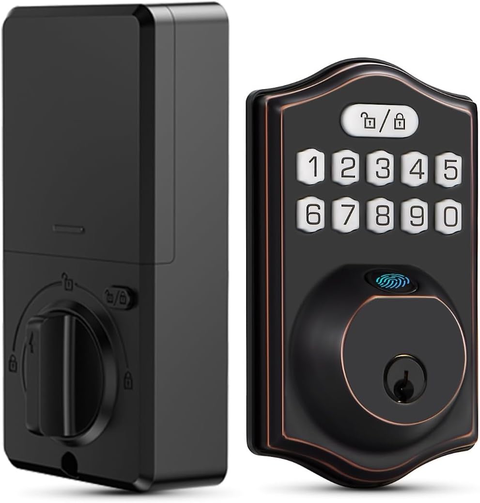 Smart Fingerprint Door Lock – Bluetooth Keyless Entry Deadbolt with App Control, PIN Code & Backup Key, Black Outside/Black Inside Finish Jiffy Locksmith®